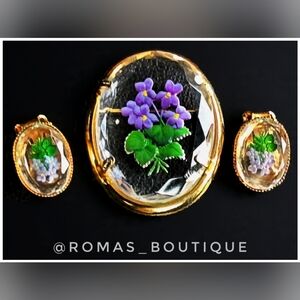 Gold and Purple Reverse Carved Vintage Floral Brooch and Earring Jewelry Set